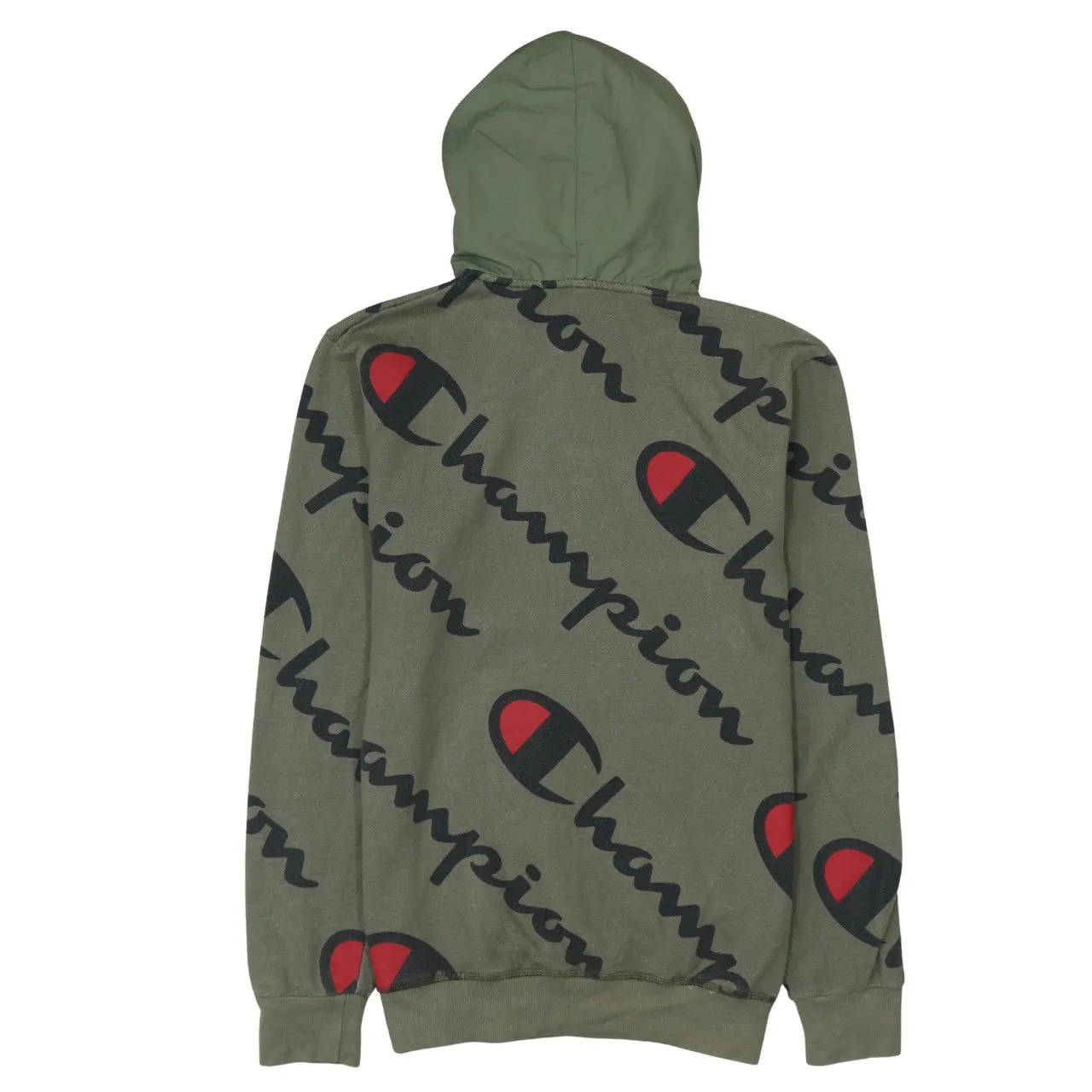 Champion Olive Green Hoodie Women's Large All Over Logo Nylon Zip Pocket Pullover Sweatshirt sold by Vintage Club product image thumbnail 2