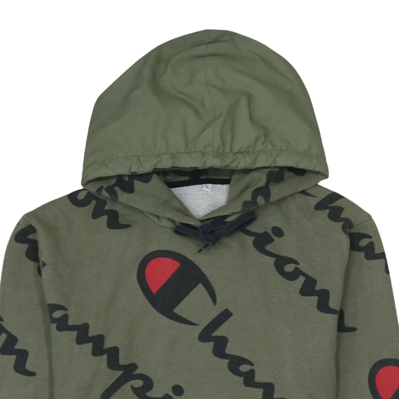 Champion Olive Green Hoodie Women's Large All Over Logo Nylon Zip Pocket Pullover Sweatshirt sold by Vintage Club product image thumbnail 3