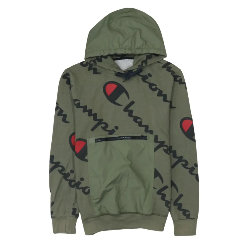 Champion Olive Green Hoodie Women's Large All Over Logo Nylon Zip Pocket Pullover Sweatshirt sold by Vintage Club