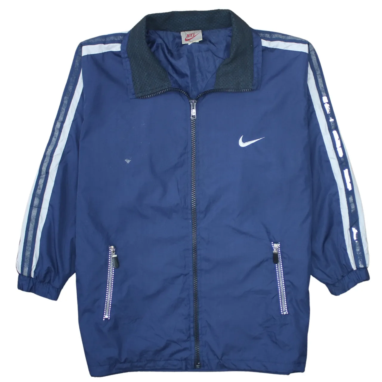 Nike Navy Blue Jacket Men's Small Embroidered Swoosh Stripe Sleeve Zip Pockets Windbreaker sold by Vintage Club
