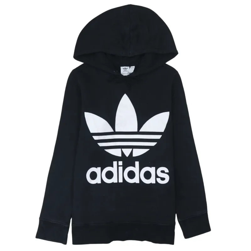 Adidas Black Hoodie Women’s Medium Big Trefoil Printed Logo Pullover Sweatshirt sold by Vintage Club