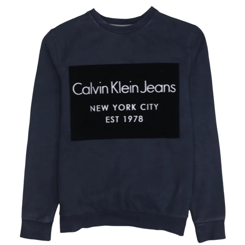 Calvin Klein Navy Sweatshirt Men's XSmall Large Chest Logo Ribbed Crewneck Pullover Jumper sold by Vintage Club