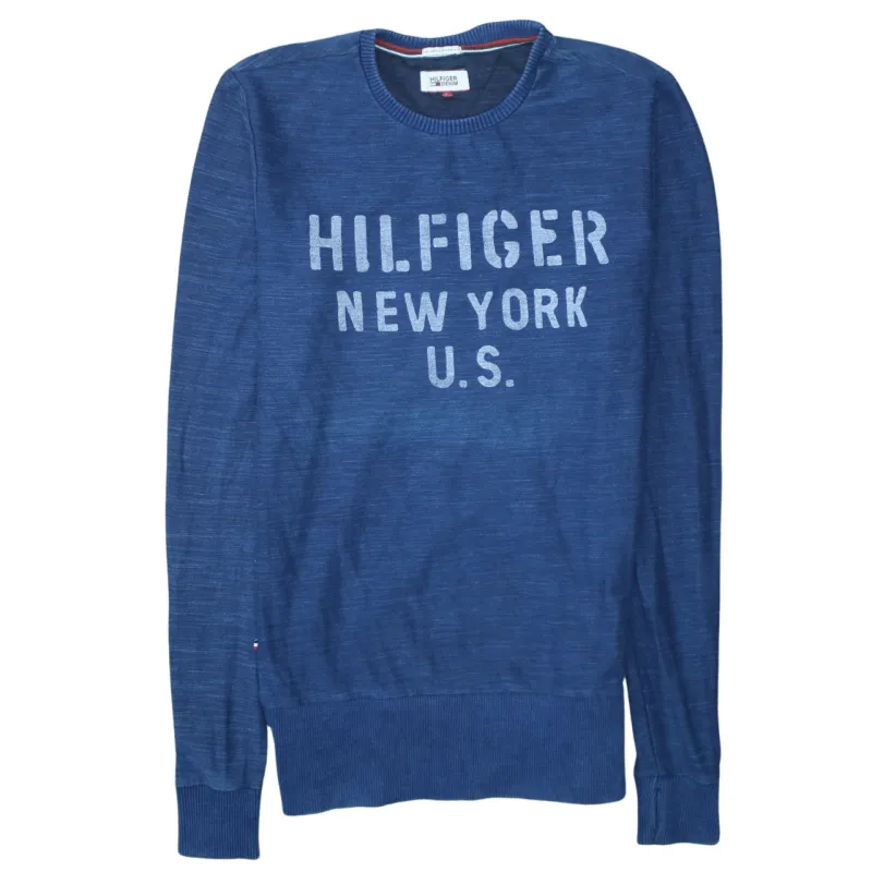 Tommy Hilfiger Navy Blue Jumper Women’s Large Printed Hilfiger New York US Logo Knit Sweater made by Tommy Hilfiger