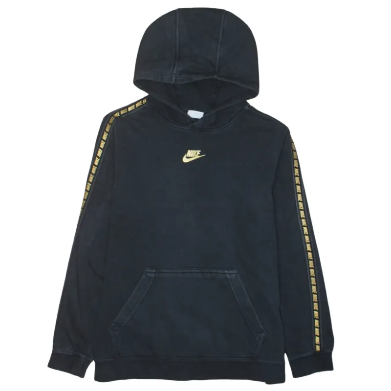 Nike Black Hoodie Women’s XLarge Gold Swoosh Logo Tape Sleeve Pullover Sweatshirt sold by Vintage Club