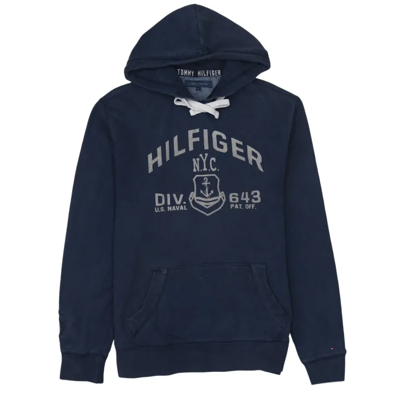 Tommy Hilfiger 90's Spellout Pullover Hoodie Large Navy Blue made by Tommy Hilfiger