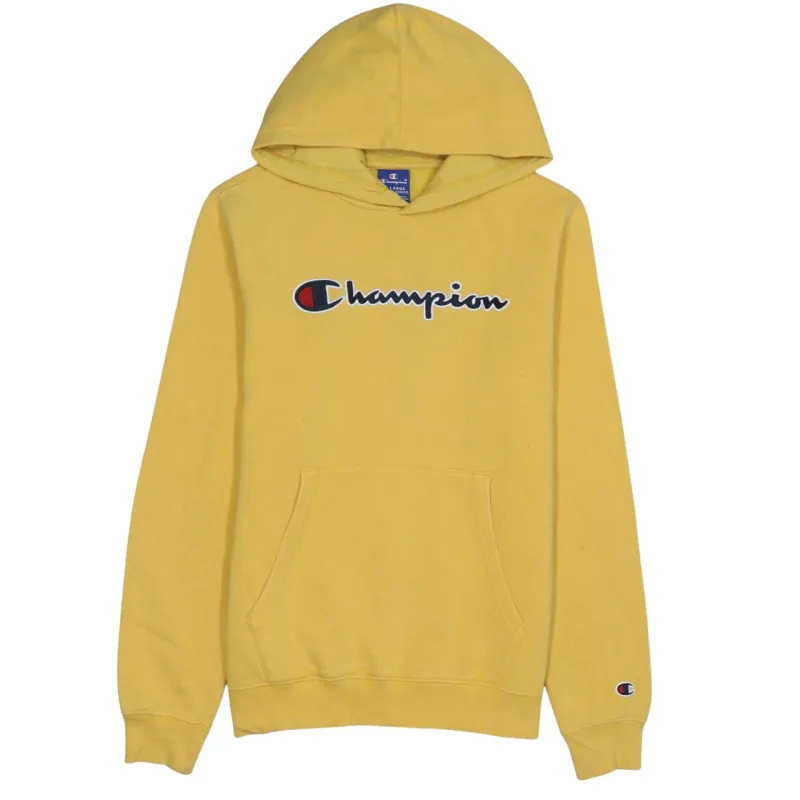 Champion Yellow Hoodie Women’s XXLarge Embroidered Script Logo Front Pocket Pullover Sweatshirt sold by Vintage Club