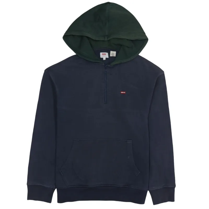 Levi's Navy Blue Half Zip Hoodie Men's Small Green Hood Embroidered Logo Pullover Sweatshirt made by Levi's