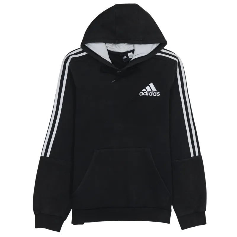Adidas Black Hoodie Men's Medium Embroidered Logo Three Stripe Sleeves Pullover Sweatshirt sold by Vintage Club