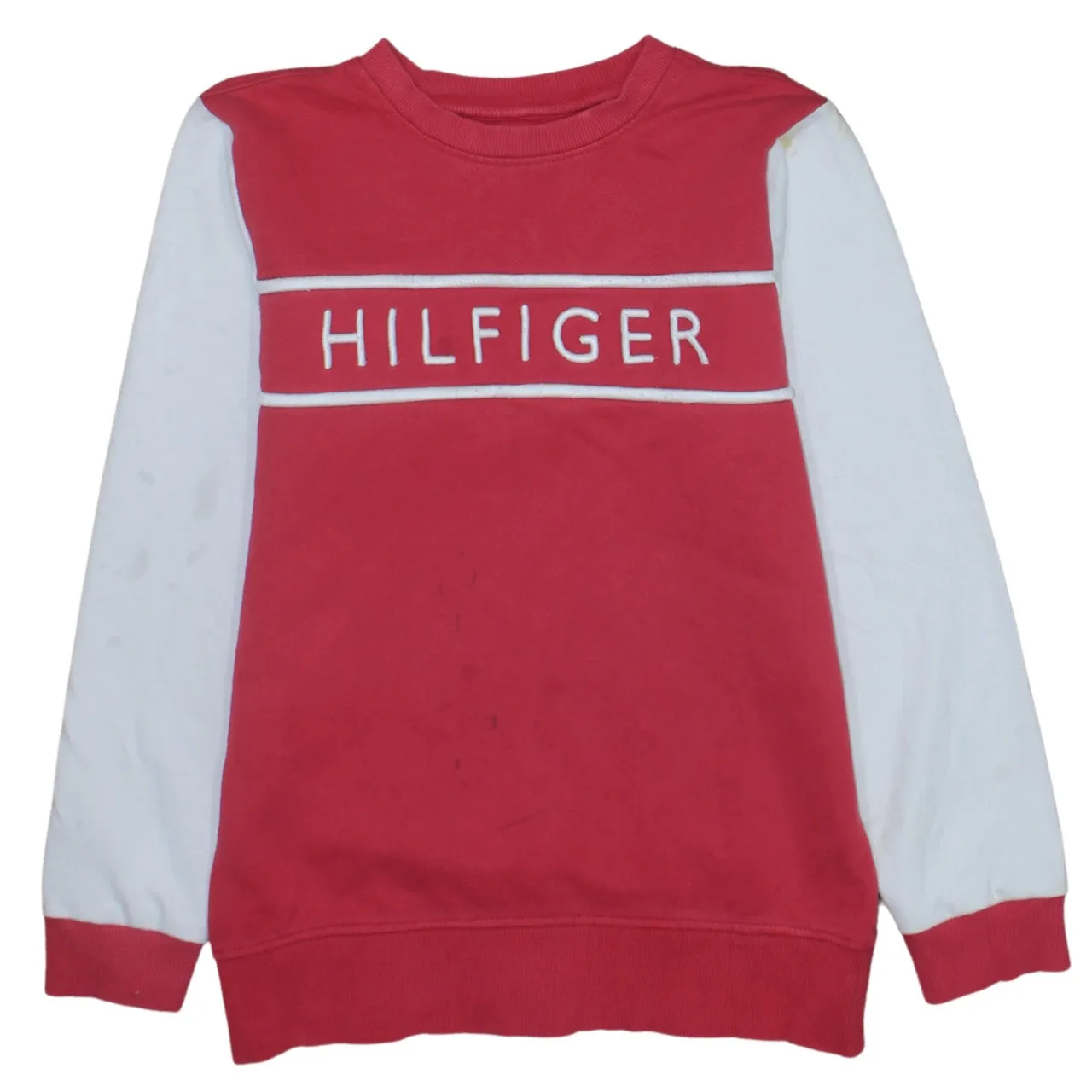 Tommy Hilfiger Red White Sweatshirt Men's XSmall Embroidered Hilfiger Logo Colour Block Pullover sold by Vintage Club