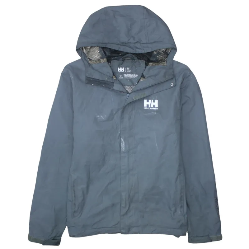 Helly Hansen Grey Hooded Windbreaker Jacket Men's Medium Printed Logo Zip Pockets Outdoor Coat sold by Vintage Club