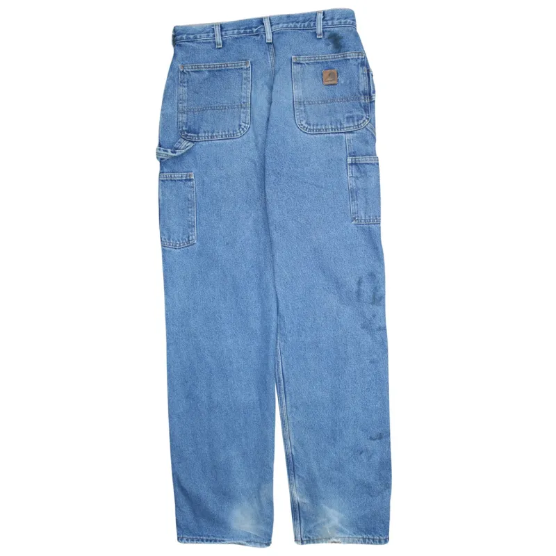 Carhartt Light Blue Work Jeans Men's 34 Utility Pockets Hammer Loop Distressed Denim Trousers sold by Vintage Club