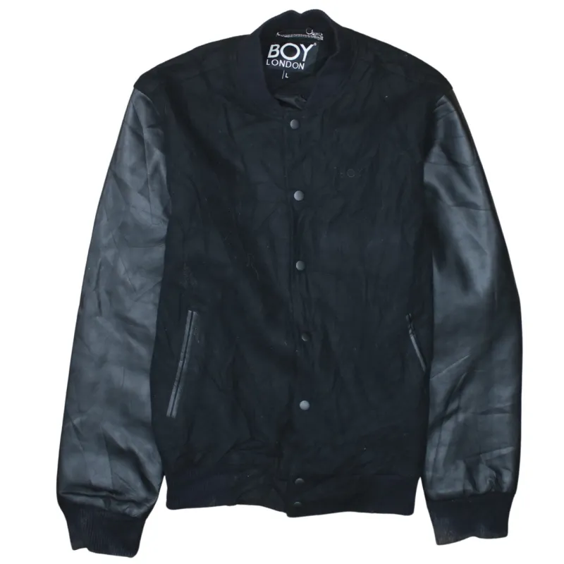 BOY London Black Varsity Jacket Women's Large Leather Look Sleeves Embroidered Back Bomber sold by Vintage Club