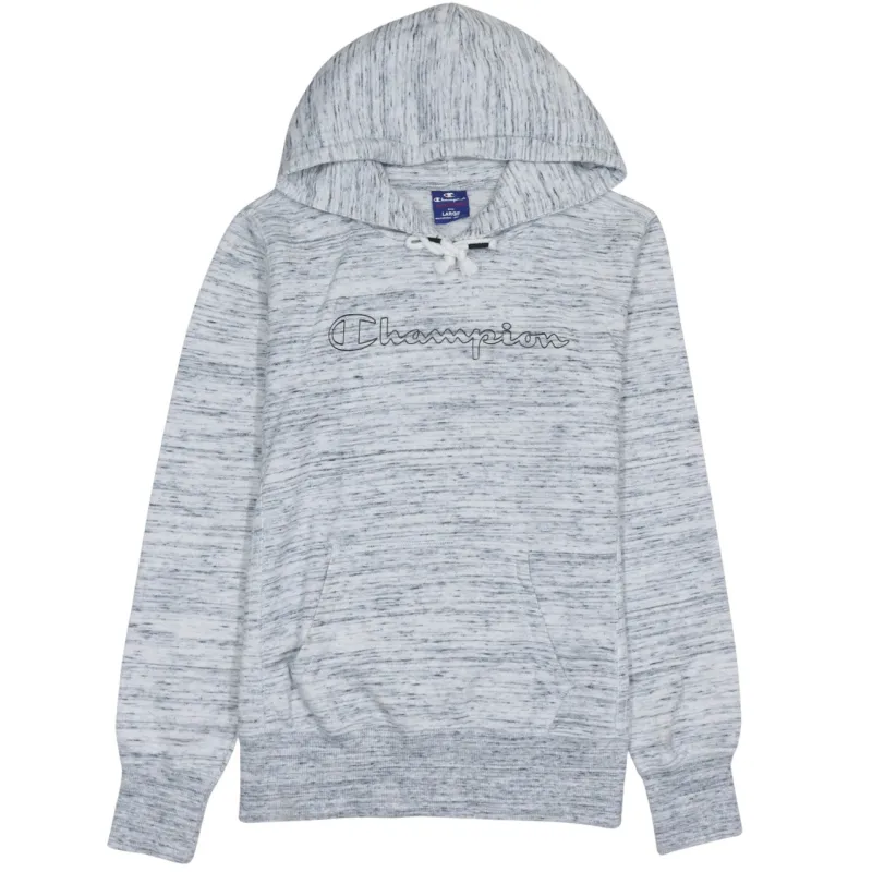 Champion Light Grey Marl Hoodie Women's Large Embroidered Script Logo Front Pocket Pullover Sweatshirt sold by Vintage Club