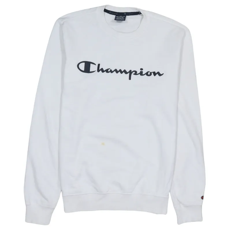 Champion White Sweatshirt Men's Medium Embroidered Script Logo Crewneck Pullover Fleece Top sold by Vintage Club