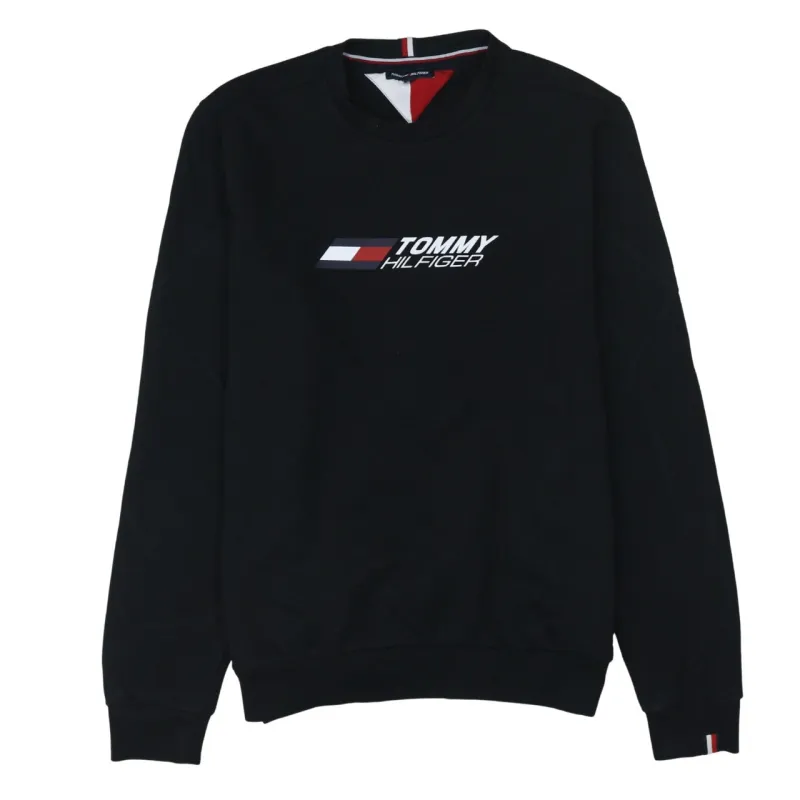 Tommy Hilfiger Black Sweatshirt Women's XXLarge Printed Chest Logo Ribbed Crewneck Pullover made by Tommy Hilfiger