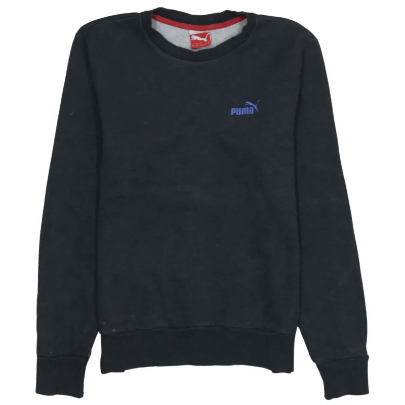 Puma Black Sweatshirt Men's Small Embroidered Blue Chest Logo Ribbed Cuffs Pullover Top made by Puma