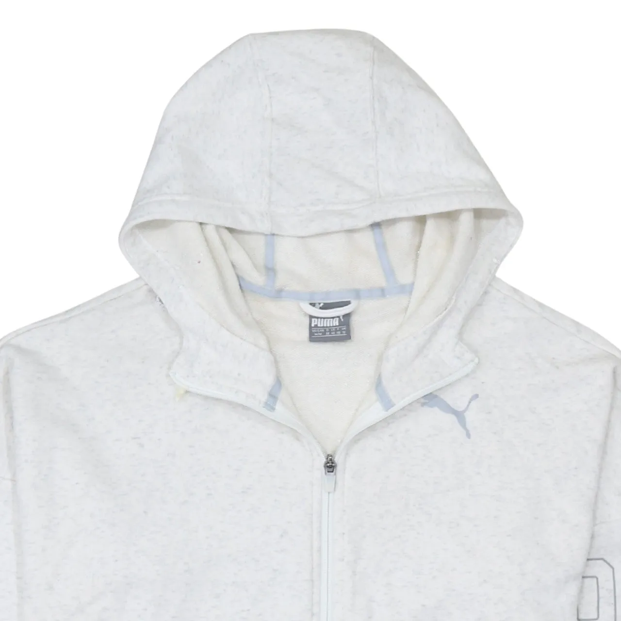 Puma Light Grey Full Zip Hoodie Women’s Medium Printed Sleeve Logo Zip Pockets Sweatshirt sold by Vintage Club product image thumbnail 3