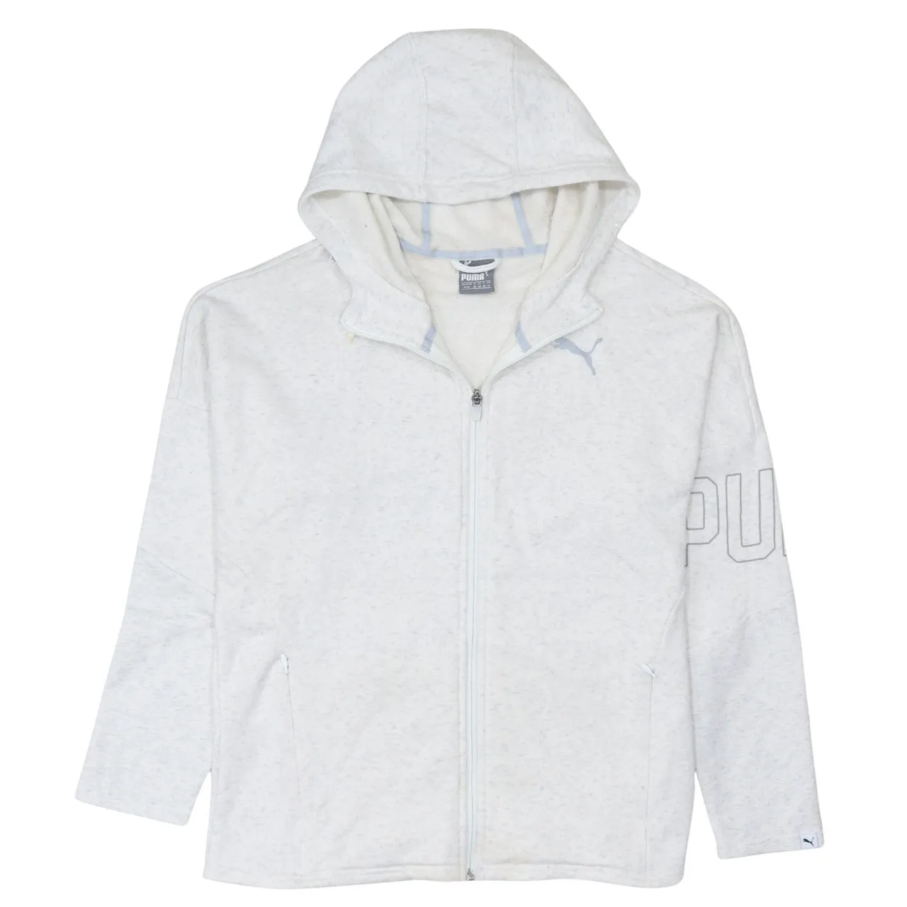 Puma Light Grey Full Zip Hoodie Women’s Medium Printed Sleeve Logo Zip Pockets Sweatshirt sold by Vintage Club