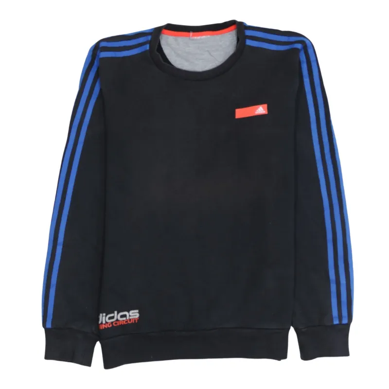 Adidas Black Sweatshirt Men's Small Blue Three Stripe Sleeves Printed Logos Pullover Top sold by Vintage Club