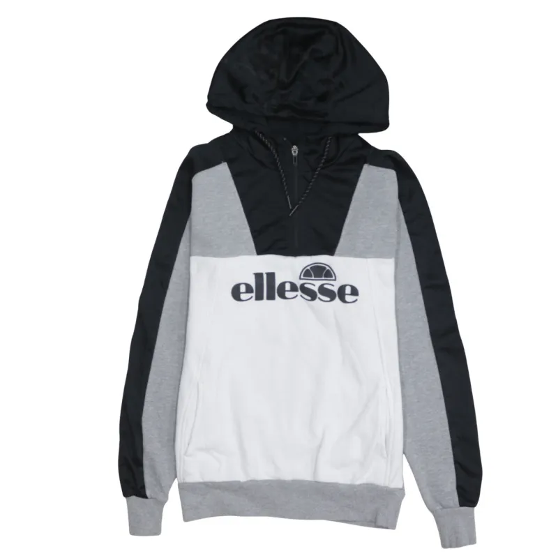 Ellesse Grey Black White Hoodie Men's Small Half Zip Embroidered Logo Front Pocket Pullover sold by Vintage Club
