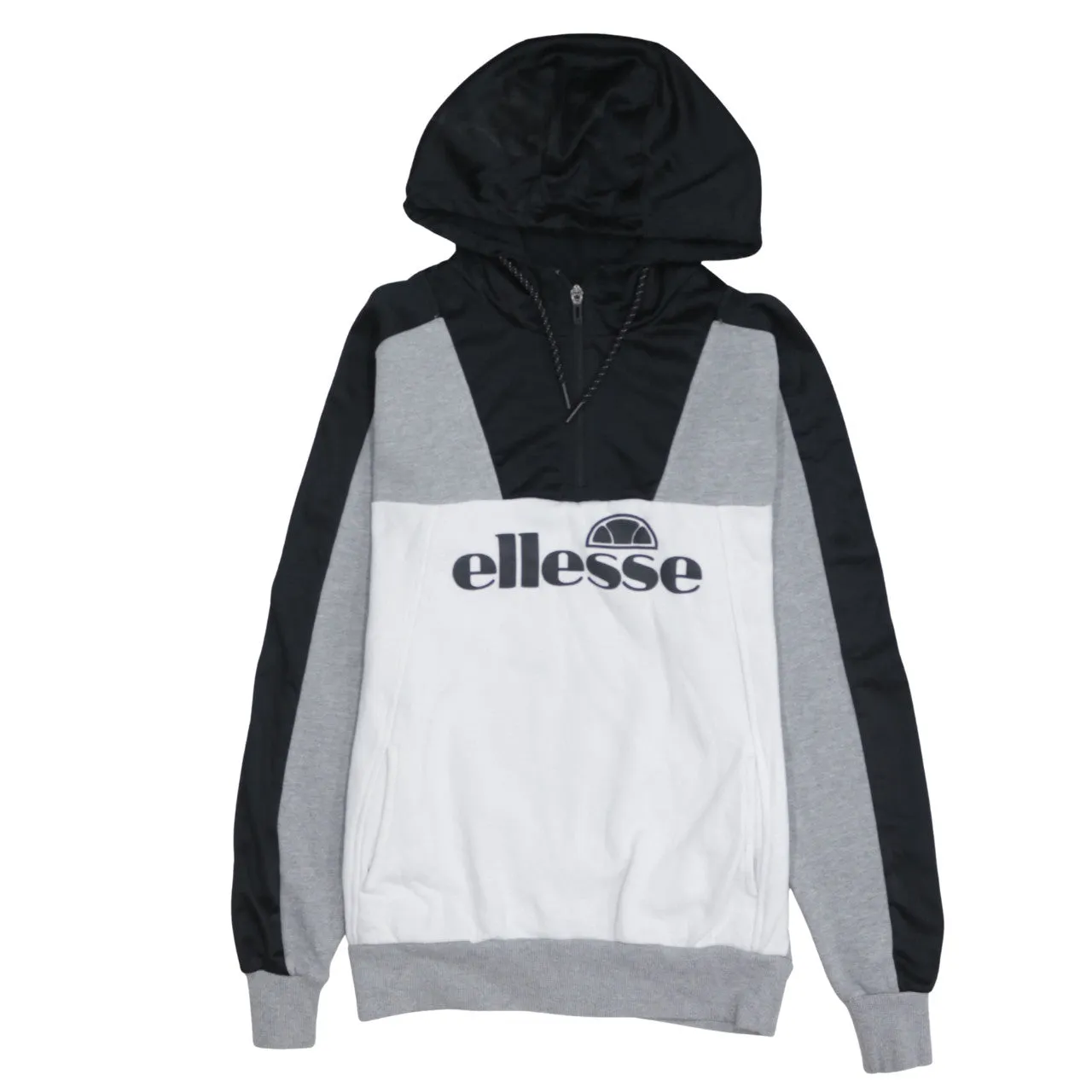 Ellesse Grey Black White Hoodie Men's Small Half Zip Embroidered Logo Front Pocket Pullover sold by Vintage Club