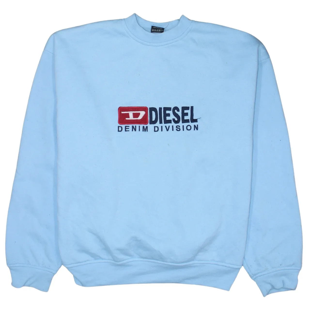 Diesel Light Blue Sweatshirt Men's Large Embroidered Denim Division Logo Crewneck Pullover Fleece Top sold by Vintage Club