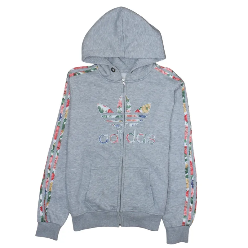 Adidas Grey Full Zip Hoodie Women’s XLarge Floral Trefoil Embroidered Logo Three Stripe Top sold by Vintage Club
