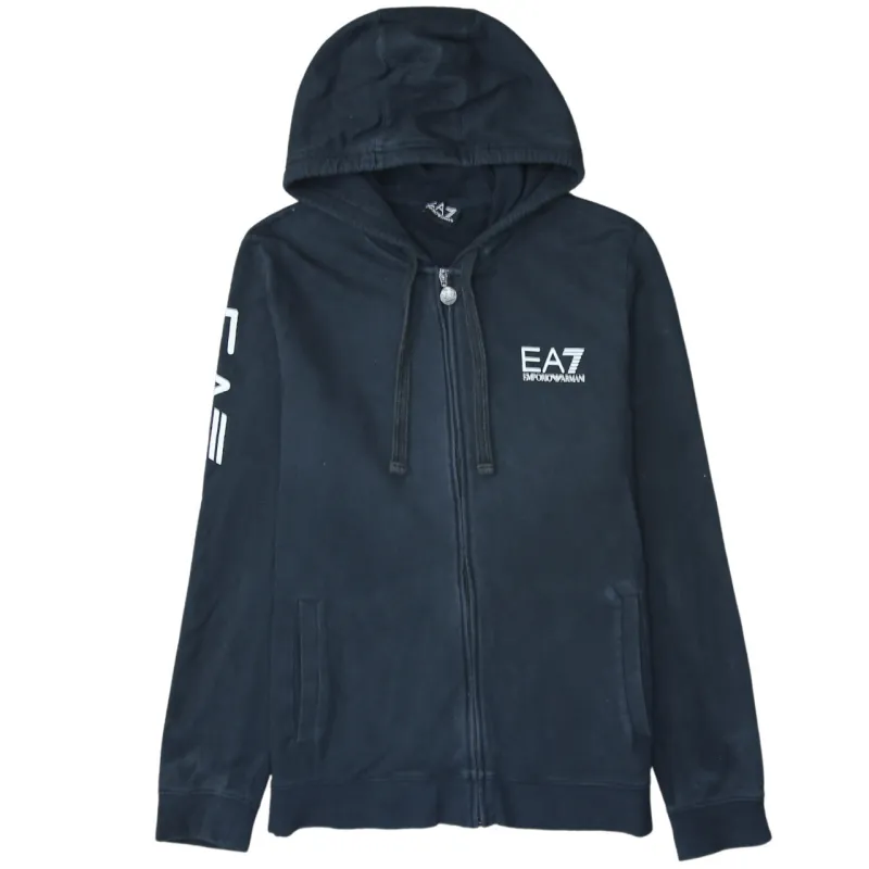Emporio Armani Black EA7 Zip Hoodie Women's Large Printed Logo Sleeve Pockets Sweatshirt made by Emporio Armani
