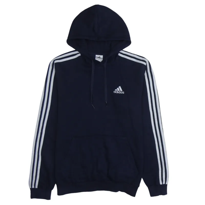 Adidas 90's Striped Sleeve Pullover Hoodie Medium Navy Blue sold by Vintage Club