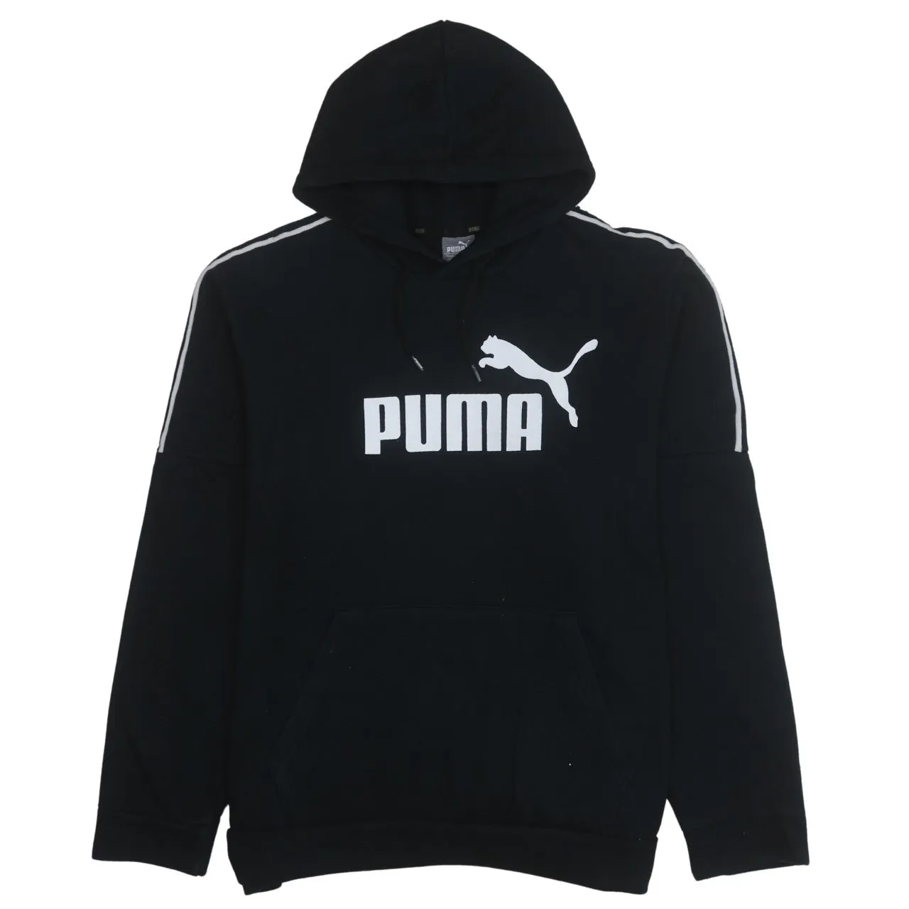 Puma Black Hoodie Women’s XLarge Printed Logo Stripe Sleeve Pullover Sweatshirt sold by Vintage Club