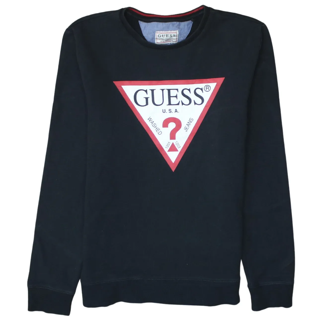Guess Black Sweatshirt Women’s Medium Printed Triangle Logo Crewneck Pullover Top sold by Vintage Club