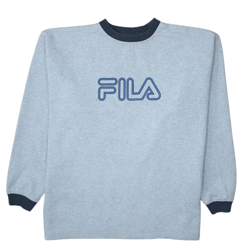 Fila Light Grey Sweatshirt Women’s XXLarge Embroidered Logo Navy Ribbed Crewneck Pullover Top sold by Vintage Club
