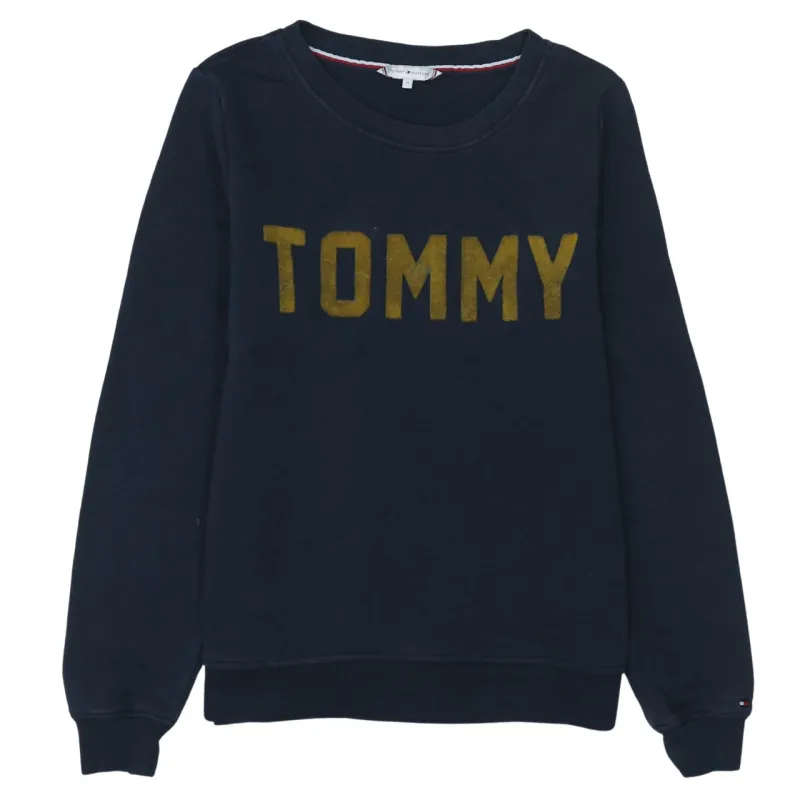 Tommy Hilfiger Navy Blue Sweatshirt Women’s Medium Flocked TOMMY Logo Crewneck Pullover made by Tommy Hilfiger