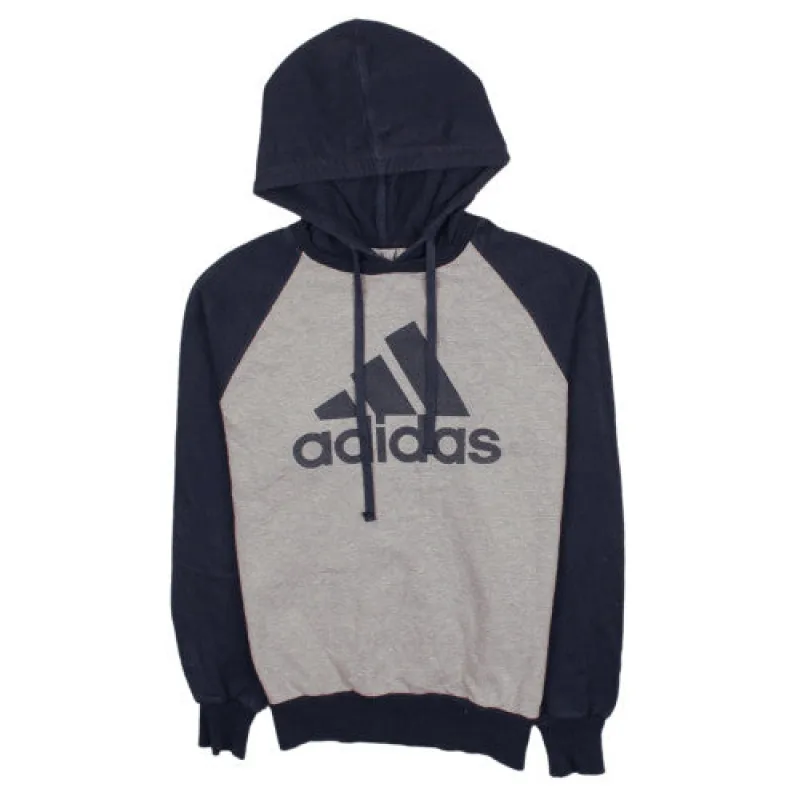 Adidas Grey Navy Hoodie Women's Large Printed Logo Raglan Sleeves Pullover Sweatshirt made by Adidas