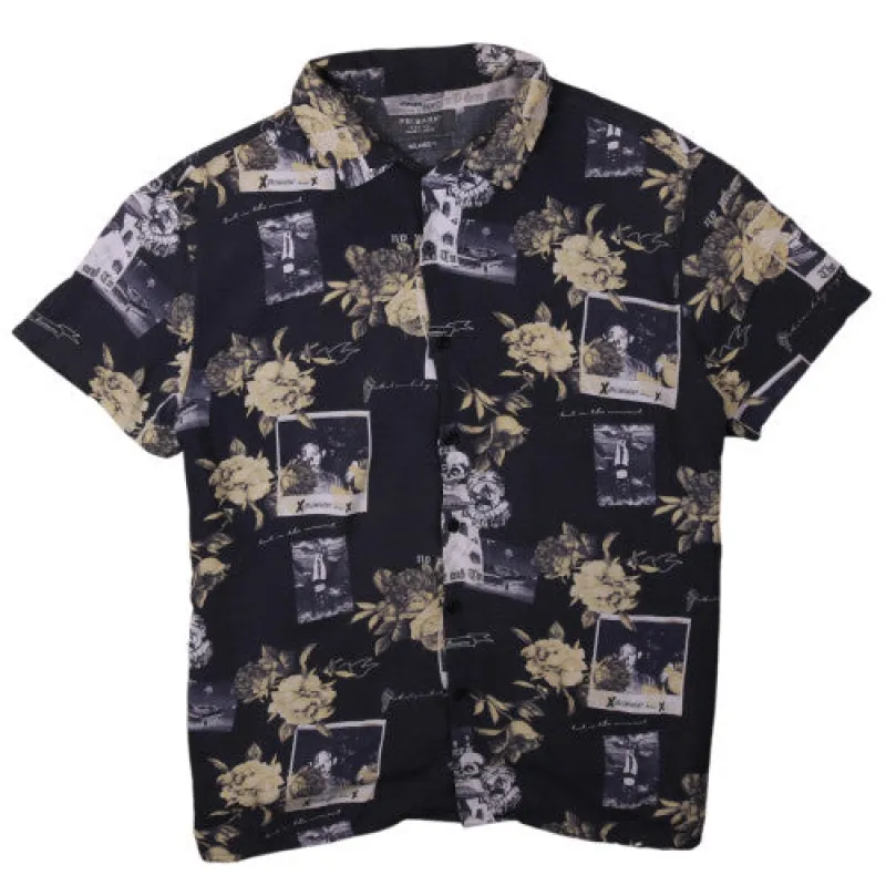 Primark Black Floral Graphic Shirt Men's Medium Relaxed Fit Button Front Casual Top sold by Vintage Club