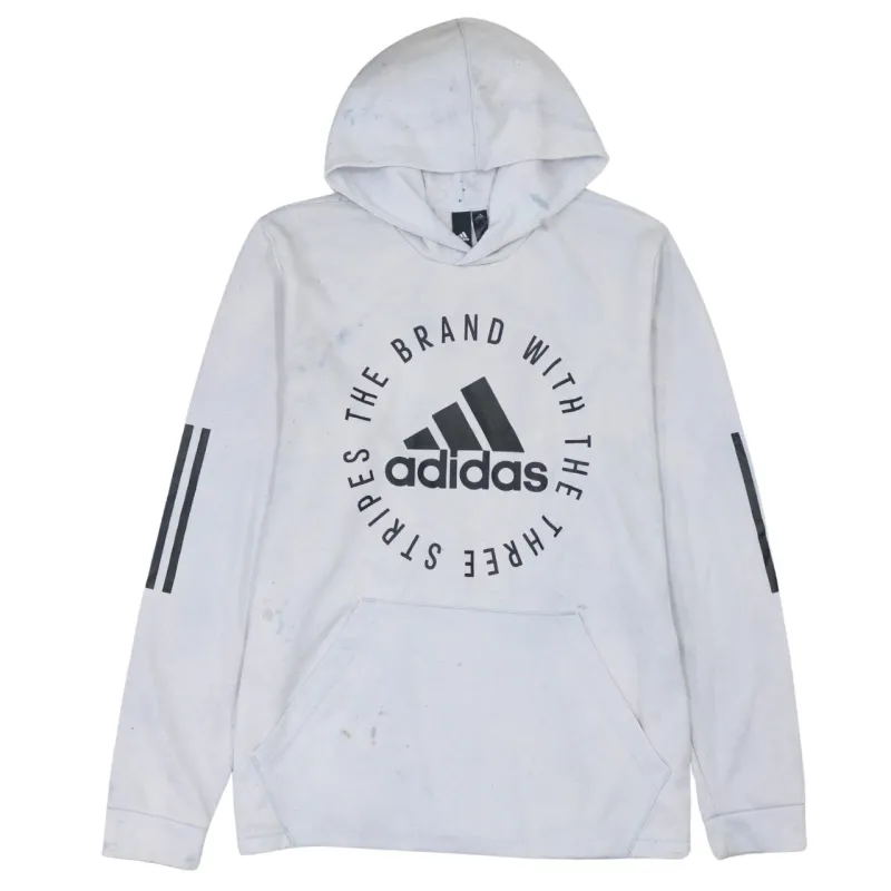 Adidas White Hoodie Men's Large Printed Logo Three Stripe Sleeves Pullover Sweatshirt sold by Vintage Club