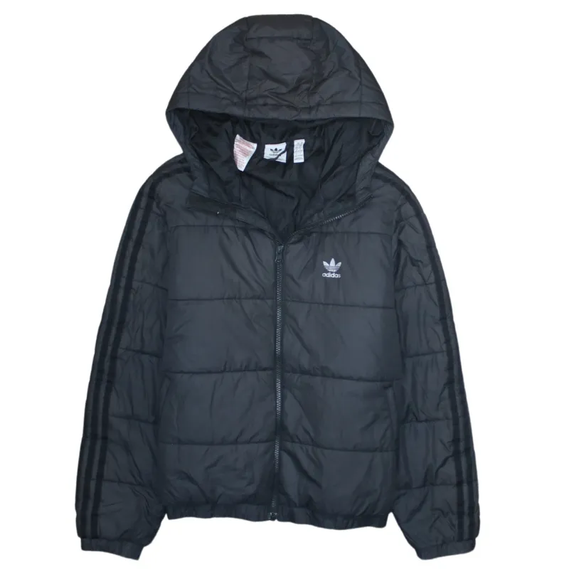 Adidas Black Puffer Jacket Women's Large Hooded Three Stripe Sleeve Printed Logo Coat made by Adidas