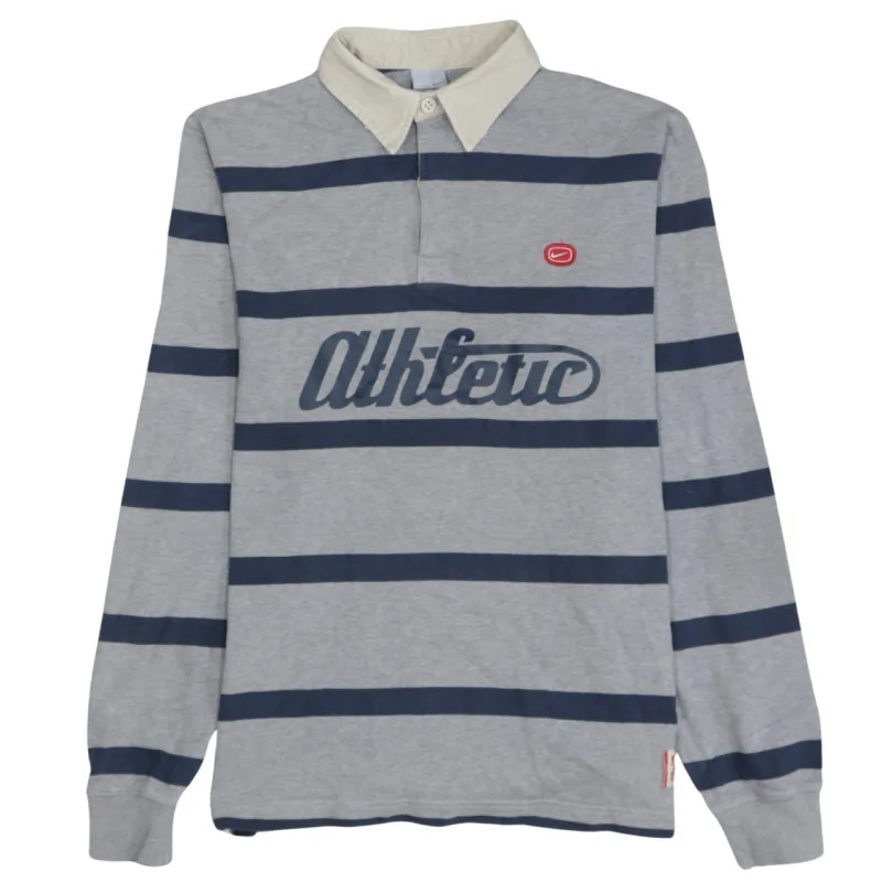 Nike Grey Rugby Polo Shirt Men’s Medium Striped Athletic Logo Number 7 Long Sleeve Top made by Nike