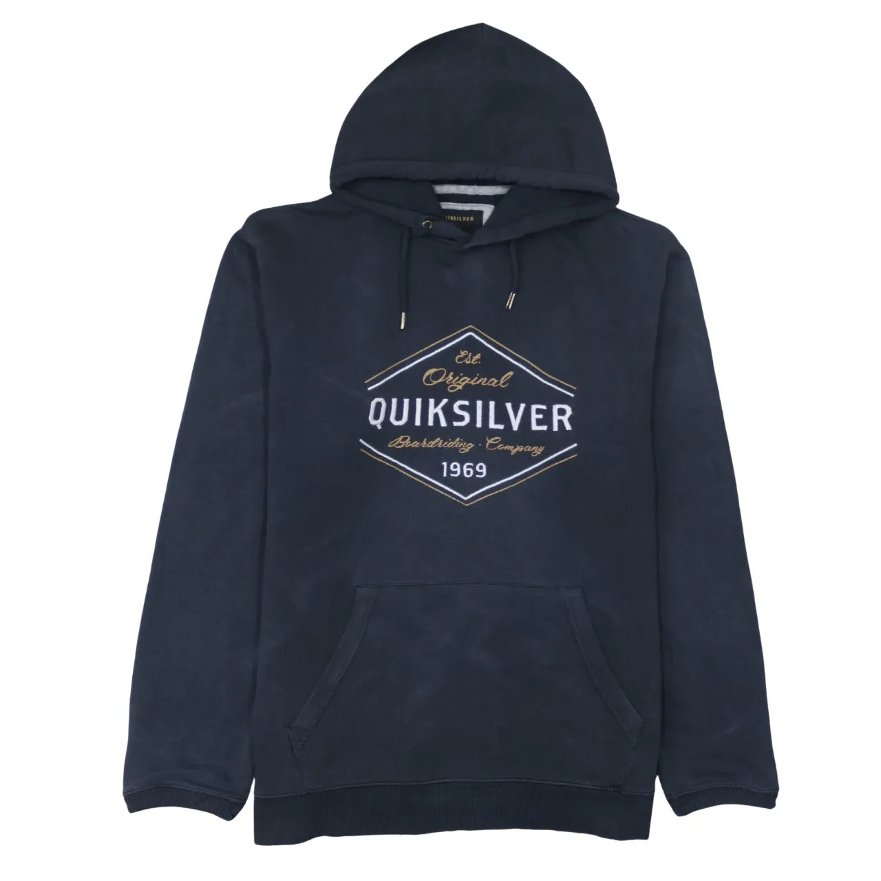 Quiksilver Navy Blue Hoodie Men's XXLarge Embroidered Front Logo Pouch Pocket Pullover Sweatshirt sold by Vintage Club