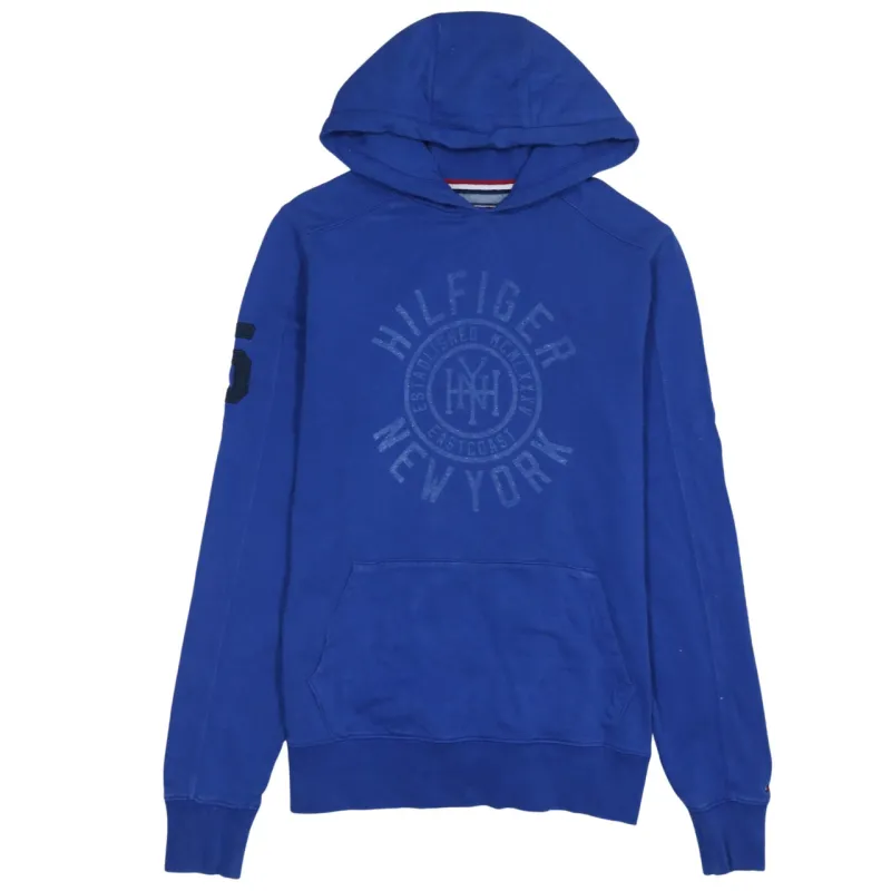 Tommy Hilfiger Royal Blue Hoodie Men's Small Embossed Hilfiger New York Logo Pullover Sweatshirt made by Vintage Club