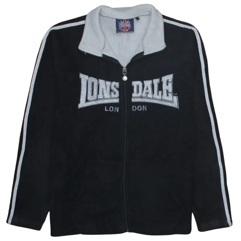 Lonsdale London Black Fleece Jacket Men's Large Embroidered Logo Zip Front Stripe Sleeves Sweatshirt sold by Vintage Club