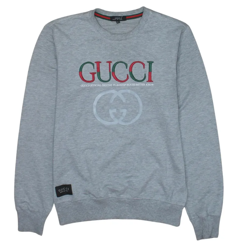 Gucci Grey Sweatshirt Women's XLarge Embroidered Logo Crewneck Ribbed Cuffs Pullover Jumper sold by Vintage Club