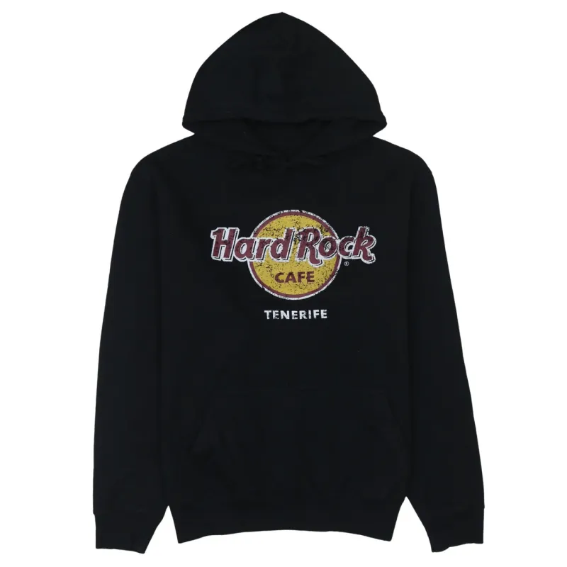 Hard Rock Cafe Black Hoodie Women’s Large Printed Tenerife Logo Fleece Pullover Sweatshirt sold by Vintage Club