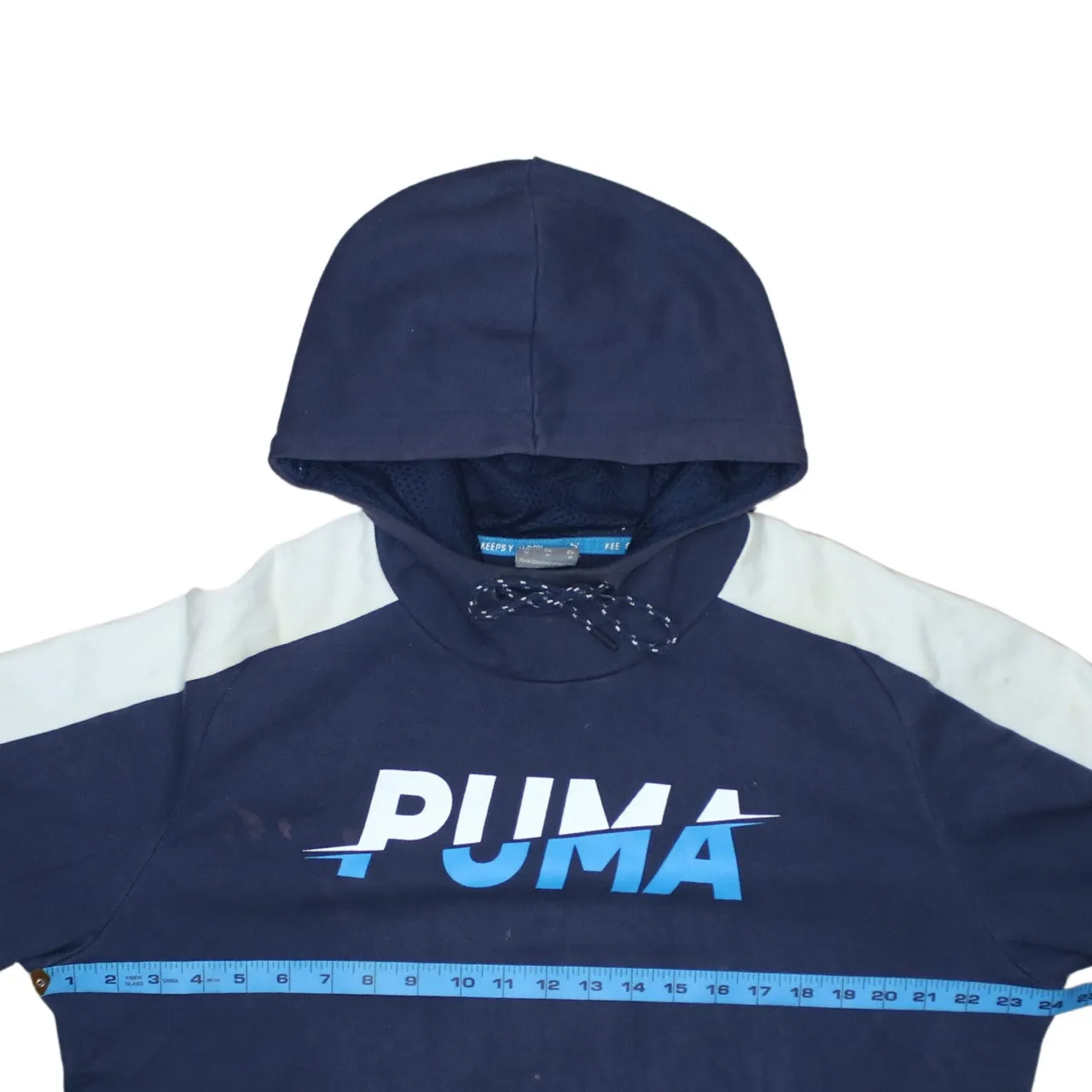 Puma Navy Blue Hoodie Men's Medium Printed Logo Panel Sleeves Front Pocket Sweatshirt sold by Vintage Club product image thumbnail 5