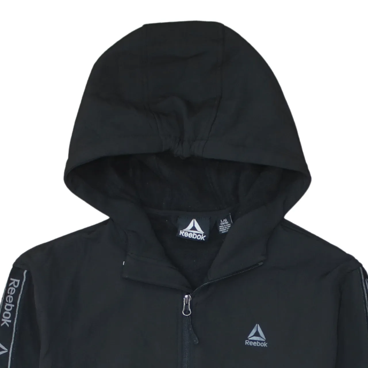 Reebok Black Full Zip Hoodie Women’s Large Taped Sleeves Embroidered Logo Jacket Top sold by Vintage Club product image thumbnail 3