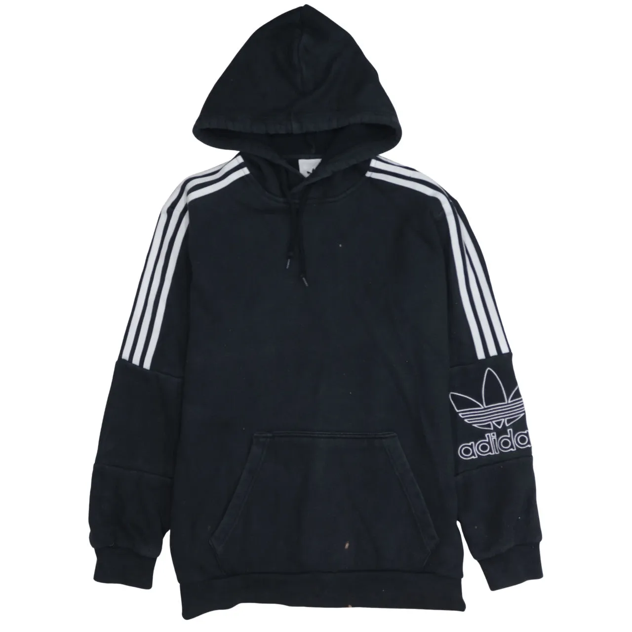 Adidas Black Hoodie Men's Medium Three Stripe Sleeve Trefoil Logo Printed Pullover Sweatshirt sold by Vintage Club