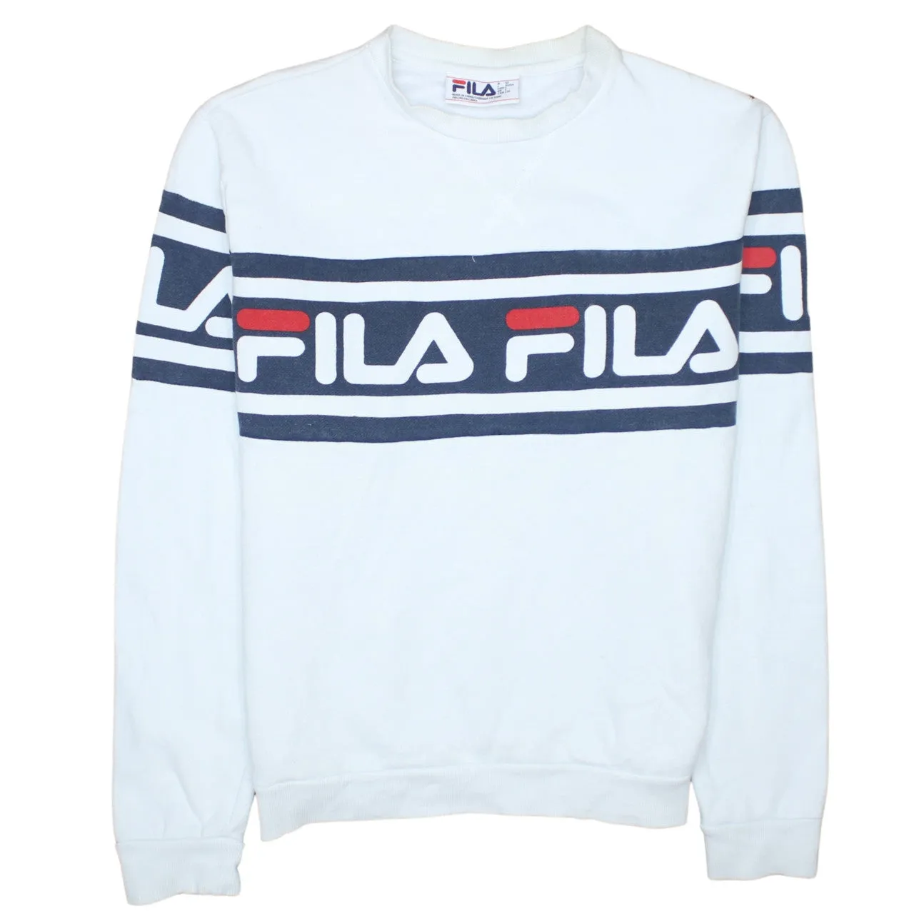 Fila White Sweatshirt Women's Large Printed Logo Stripe Crewneck Pullover Top sold by Vintage Club