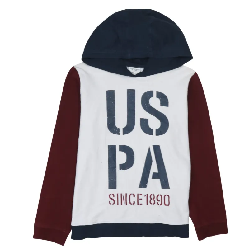 U.S Polo Assn White Navy Hoodie Women's Large Printed USPA Logo Colour Block Pullover Top sold by Vintage Club