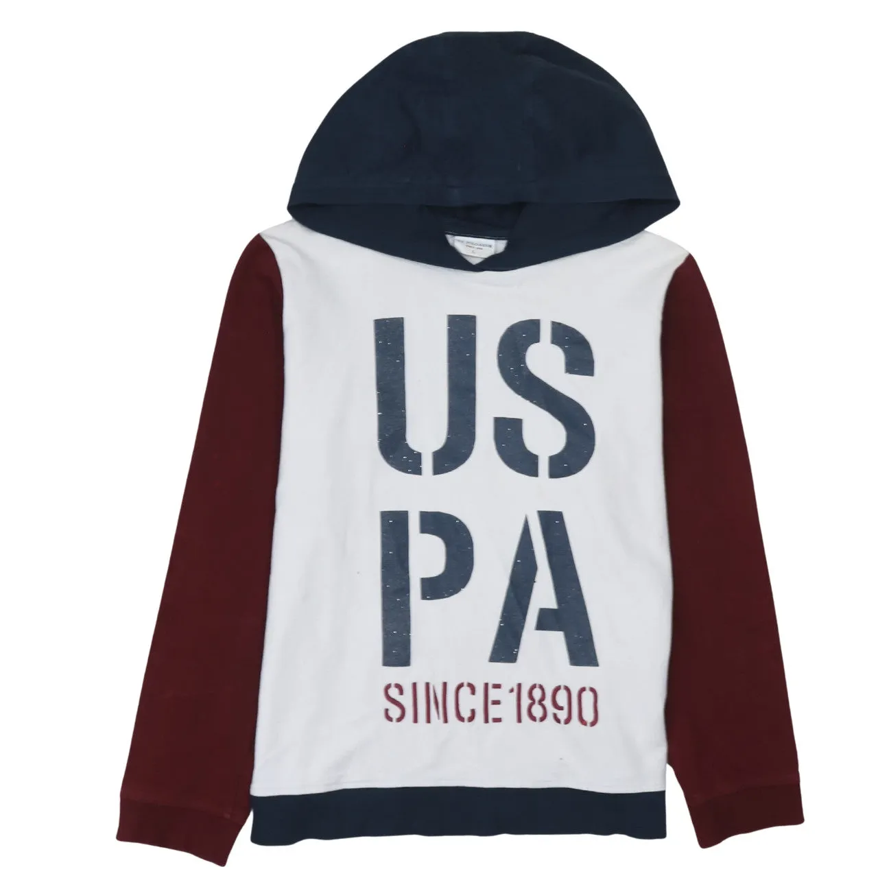 U.S Polo Assn White Navy Hoodie Women's Large Printed USPA Logo Colour Block Pullover Top sold by Vintage Club