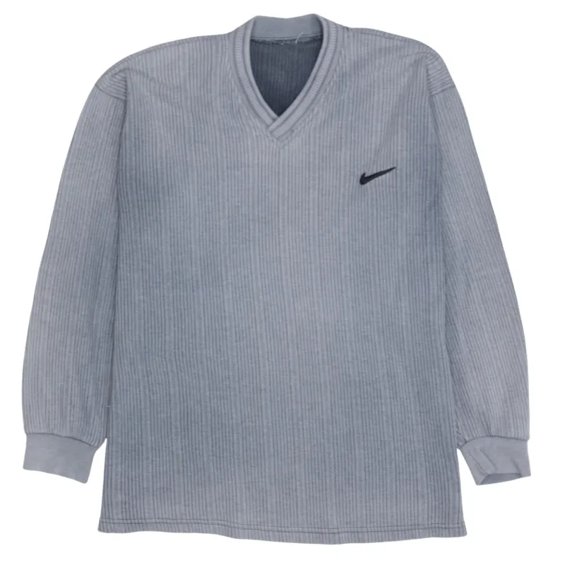 Nike Grey Ribbed Sweatshirt Men's Medium V Neck Embroidered Swoosh Pullover Jumper Top sold by Vintage Club